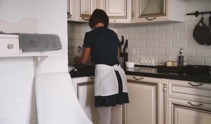 Russian housekeeper cooks dinner and fucks doggystyle with the owner