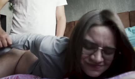 Russian shy girl with glasses doggy style enjoys cock