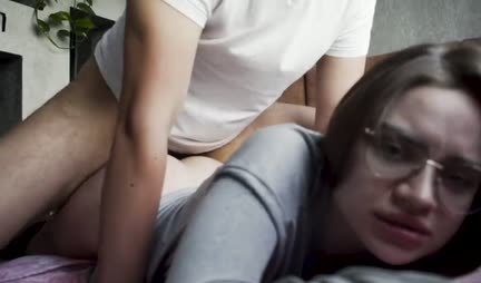 Russian shy girl with glasses doggy style enjoys cock
