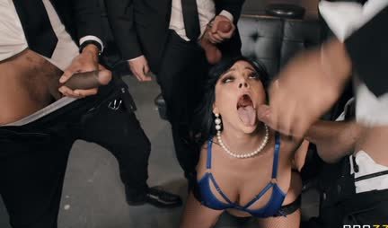 A girl with a big ass is fucked by a crowd in all tight holes