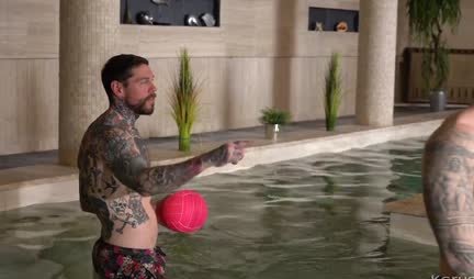 Tattooed chick fucks hairy pussy by the pool