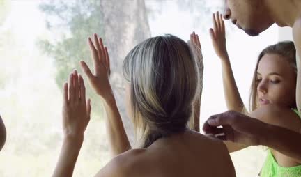 Three skinny chicks service one big cock in bed