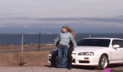 Russian young chick sucks cock in nature and fucks