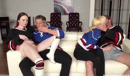 Young chicks have group sex with their stepdads