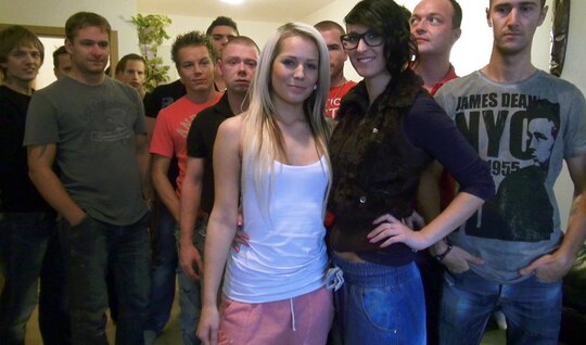 Cute blonde gets circled in group porn