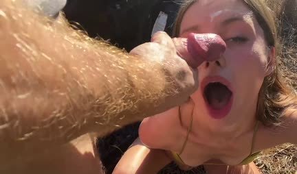 Russian bitch gives deep blowjob to boyfriend outdoors