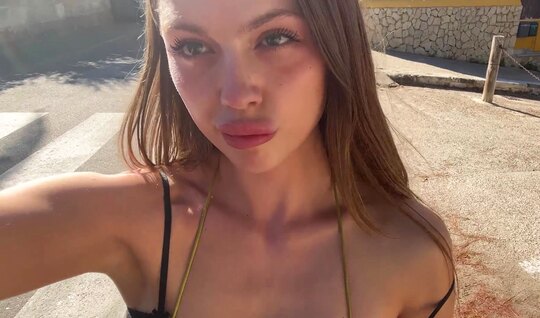 Russian bitch gives deep blowjob to boyfriend outdoors