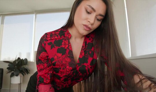 Long-haired mother carefully caresses and jerks off her s...