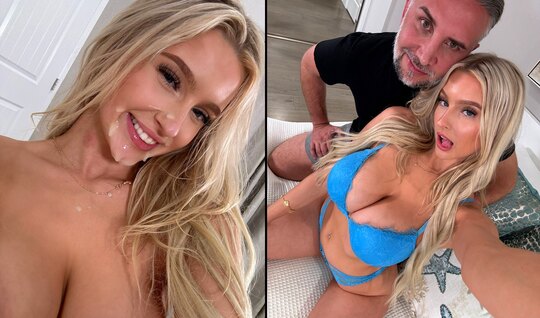 Cute blonde is only too happy to get cum on her face