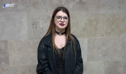 Russian cutie with glasses seduced by a pickup truck and sucks on the street