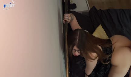 Russian cutie with glasses seduced by a pickup truck and sucks on the street