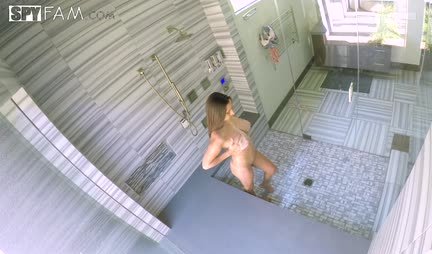 Brunette with big tits gives a great blowjob to a guy in the bathroom