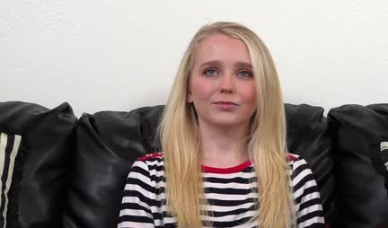 A blonde with small tits actively fucks at a casting