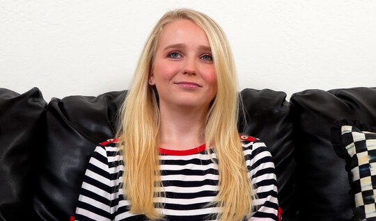 A blonde with small tits actively fucks at a casting