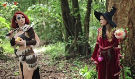 Russian girl arranged role-playing games with a friend in the forest