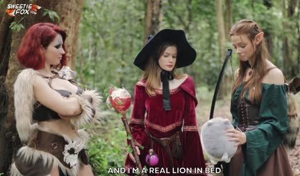 Russian girl arranged role-playing games with a friend in the forest