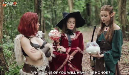 Russian girl arranged role-playing games with a friend in the forest