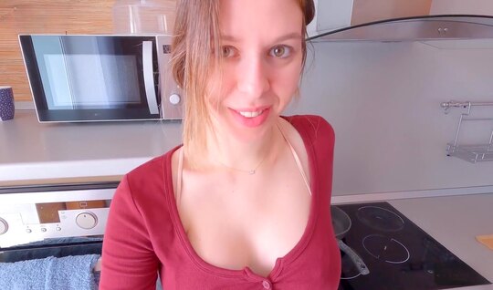 Russian girl gives a guy a blowjob in the kitchen with pl...
