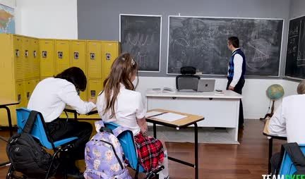 A young student in knee socks straddles the teacher’s strong trunk