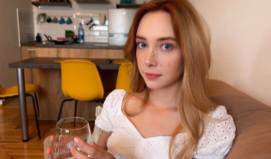 The Russian girl drank a little and immediately grabbed t...