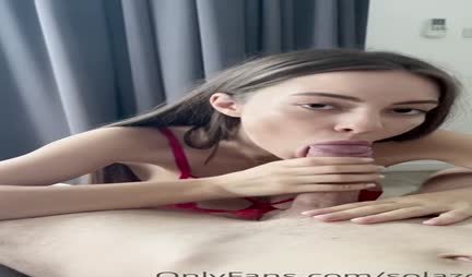 Russian girl in a bra sweetly sucks her friend's strong trunk