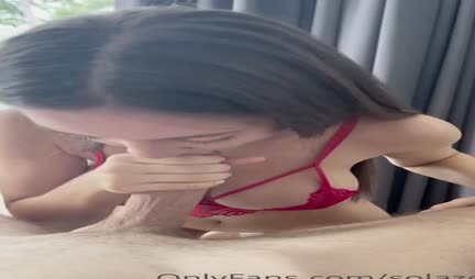 Russian girl in a bra sweetly sucks her friend's strong trunk