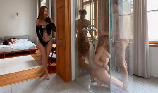 A girl jerks off her pussy while a Russian couple fucks i...