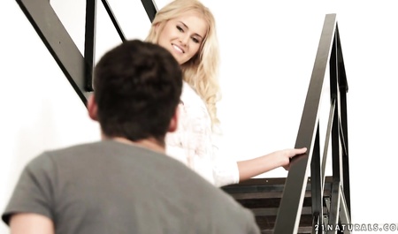 Guy Fucks blonde Aisha big dick on the stairs