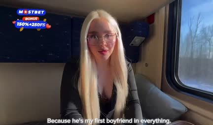 Russian blonde with beautiful tits surrendered to the fellow traveler