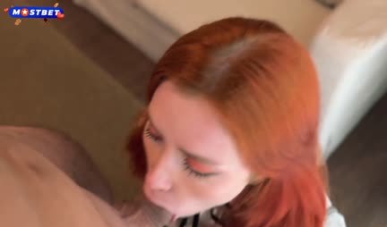 A red -haired modest student is  to suck a strong cock