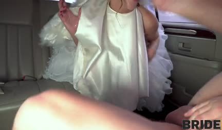 A lustful bride in a wedding dress changes in the car