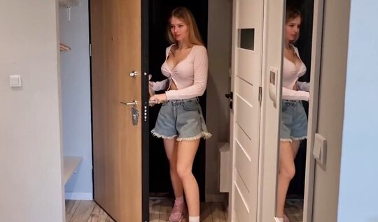 A young girl in socks pleased the guy with a blowjob in bed