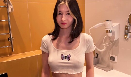 Young chick pleased the guy blowjob in the bathroom