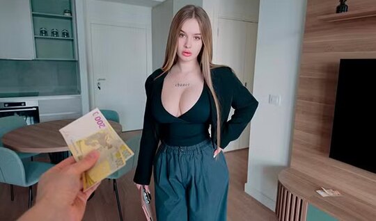 The girl showed her big tits and gave a blowjob for money