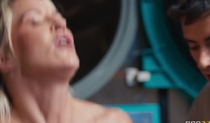 Milf with big tits gets fucked by MFM in the laundry room