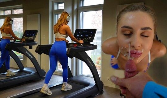 Athletic beauty in tights received a facial cumshot