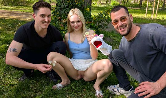 A blonde with beautiful tits got into MFM fucking with pi...