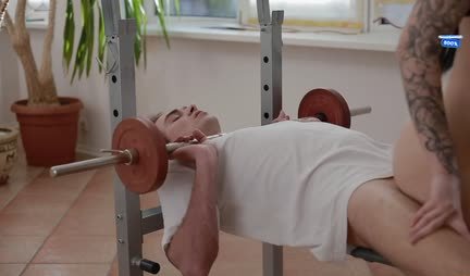 Russian girl decided to suck while the guy is training