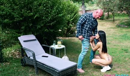 Naked brunette cool fucks with a big dick in nature