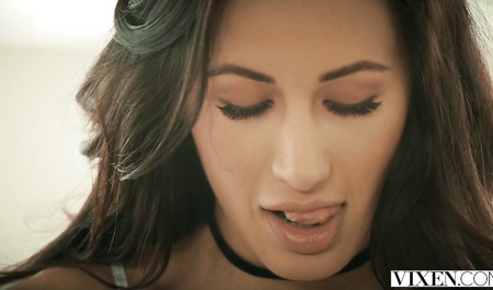 Busty brunette fuck with a guy with a big dick and sucks it