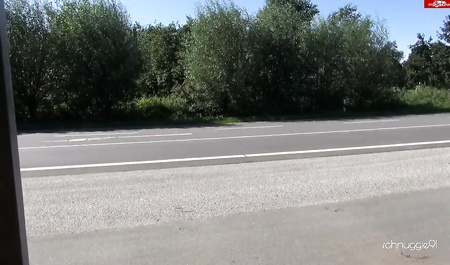 German chick on roller skates sucks cock on the bus stop