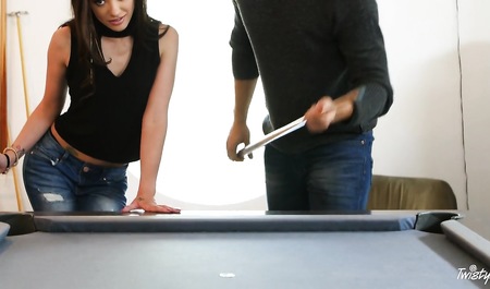 Tall guy teaches brunette to play and hard spanking on a pool table