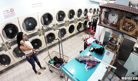 Girl with hairy pussy sucks dick and shag with a bald boyfriend in the Laundry room